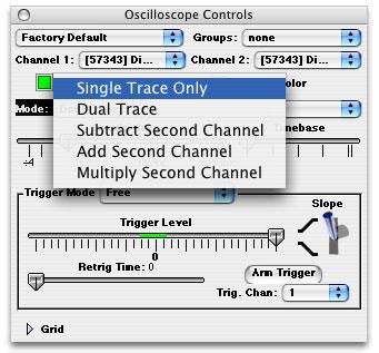 Clicking on the Grid disclosure triangle at the bottom of the Control window causes the oscilloscope details window to expand and reveal controls for manipulating the oscilloscope calibration grid,