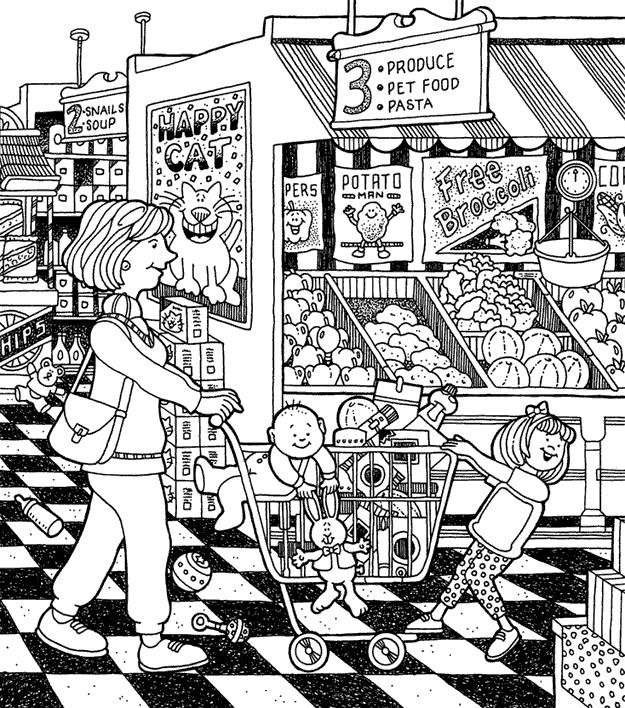 Hidden Picture Fun at the Grocery Store In this big picture find the spoon, candle, piece of pie, golf club, hoe,
