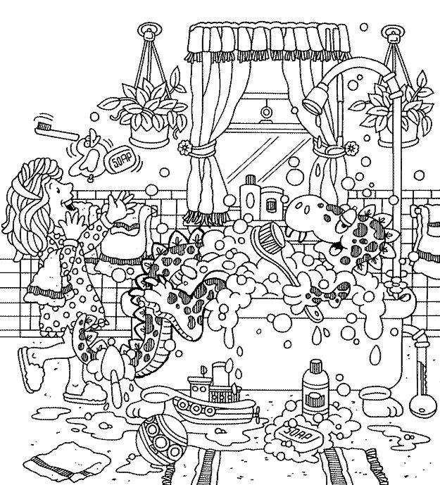 Hidden Picture Monster in My Bathtub In this big picture find the flower, goose, worm, spoon,