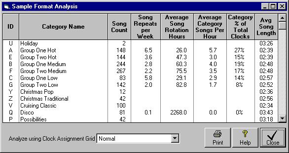 Music Categories Format Analysis [Tools][Format Analysis] will provide you with an analysis of your Music Category rotations based on: Your Music Category song assignments Your Format Clock setup and