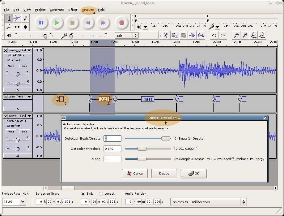 Chapter 6. Software implementation 144 Figure 6.7: Using aubioonset as an Audacity plug-in. a. Analysis menu where the aubio plug-in appears. b. Aubio onset detection settings dialog box. c.