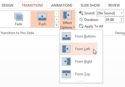 3. The transition will be modified, and a preview of the transition will appear. Some transitions do not allow you to modify the direction. To modify the transition duration: 1.