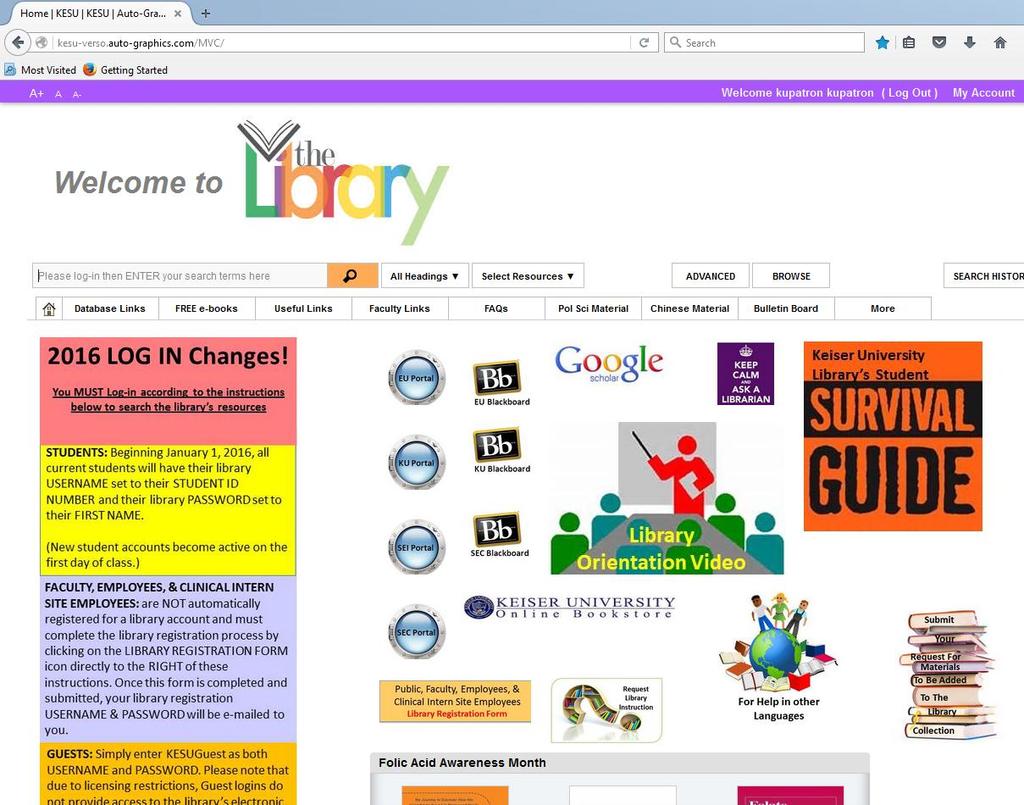 25 This is what the Library s webpage looks like: You can log in according to the instructions found on the left side of the library webpage. The URL is: http://www.keiserlibrary.