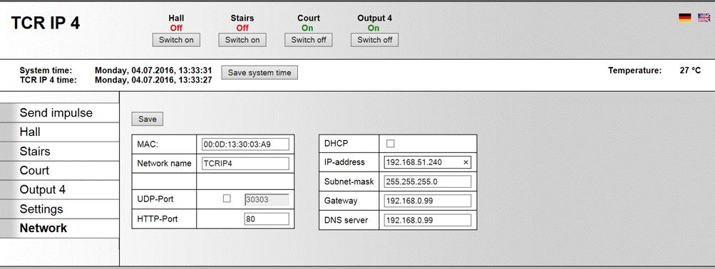 Settings Network settings without DHCP