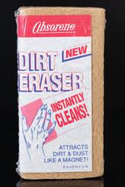 ABSORENE DIRT ERASER A 6 x 3 x 3/4 sponge. Used dry to absorb dirt by wiping over surface in a sweeping motion in one direction. For cleaning jackets, boards and edges of books.