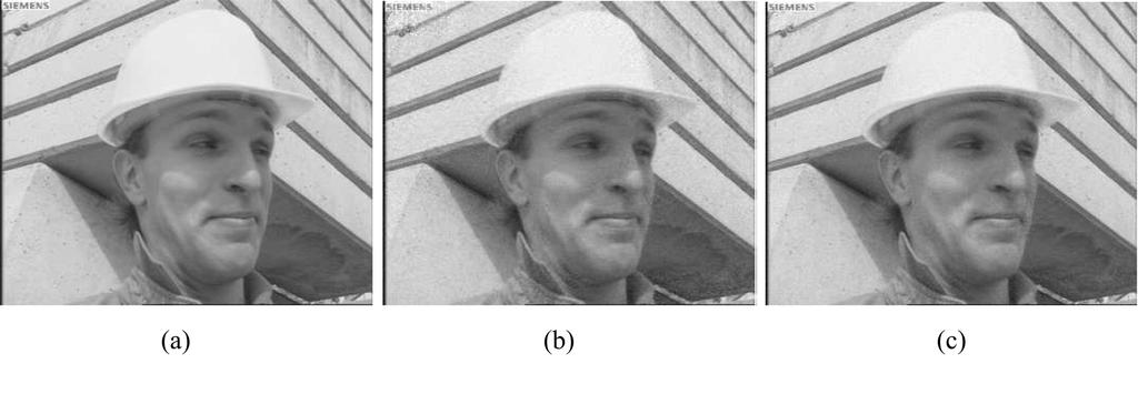 (a) (b) (c) Figure 7. Different decodings of the 5th frame of Foreman: (a) Original; (b) using the 2D-DCT basis intra-frame decoder (P = 0.