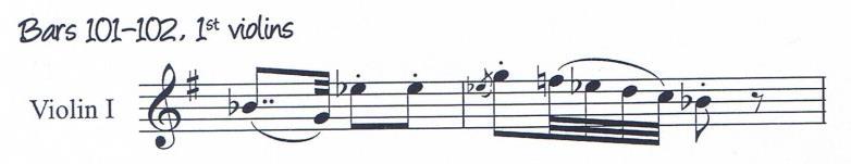 Only the first violins play and are marked p (from bar 65 onwards) From bar 66 74 the theme on the first violins is exactly the same as the opening, but from bar 75 onwards there is a change.