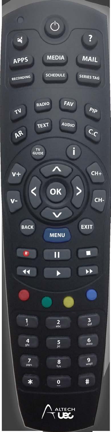 Button Name Button Identification Function Info i Launches I-plate & extended I-plate for program information Navigation Arrows (4) and OK Channel Up/ Down Volume Up/ Down CH+/CH- V+/V- Menu