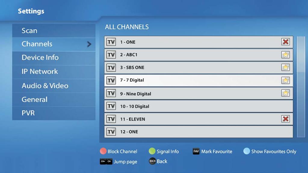 Channels Press OK or > buttons to navigate to sub menu options.