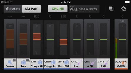 PAN screen Configures the pan/balance for each input channel on one s own monitor bus. The PAN screen will not appear for a monaural bus.