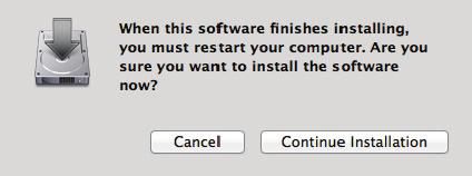 8. Click Continue Installation for prompt about restarting computer