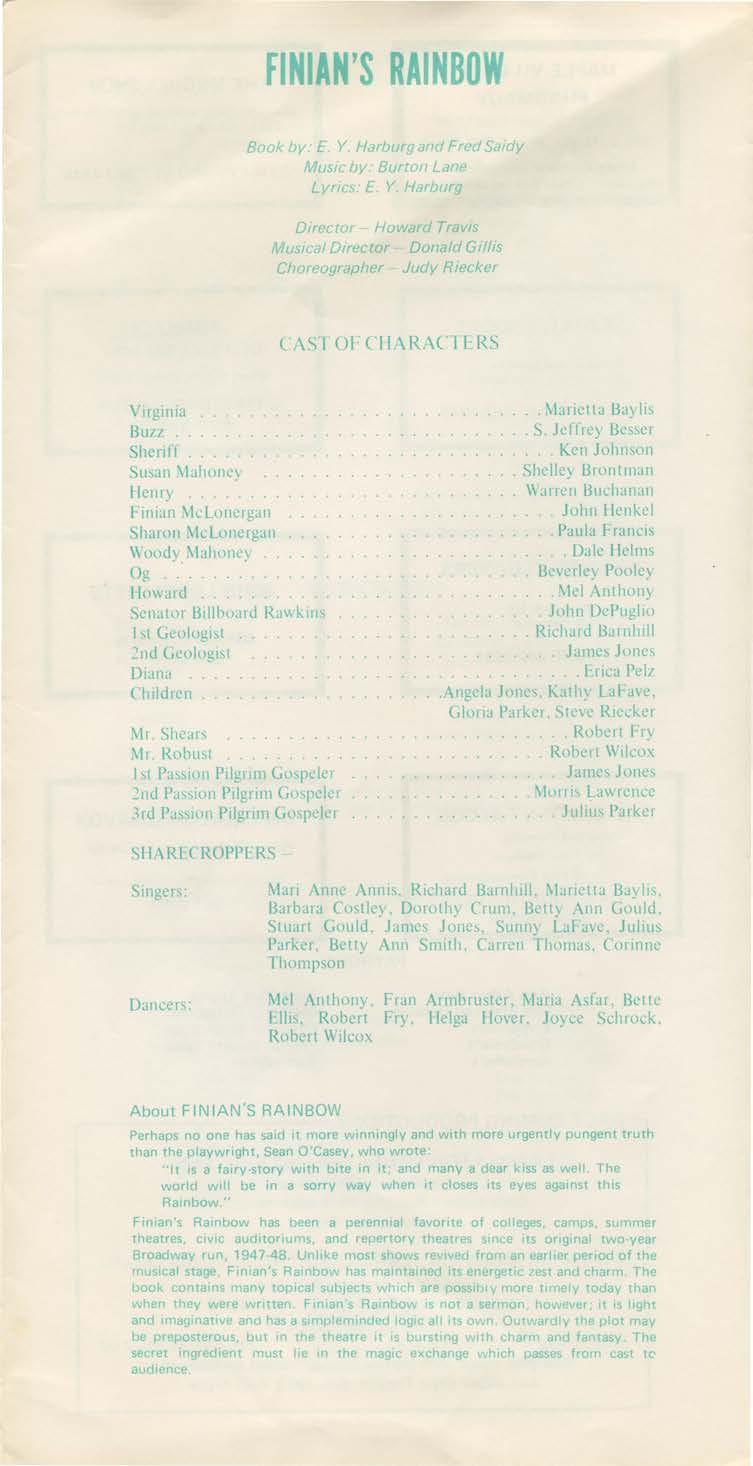 FINIAN'S RAINBOW Book by: E. Y. Harburg and Fred Saidy Mustc by. Burton Lane Lyrics: E Y.
