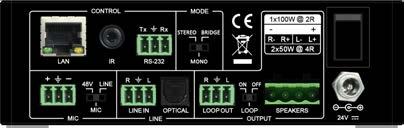 or LAN Control Class D for lower power Volume control from front panel Mute Mono/ Stereo Mode