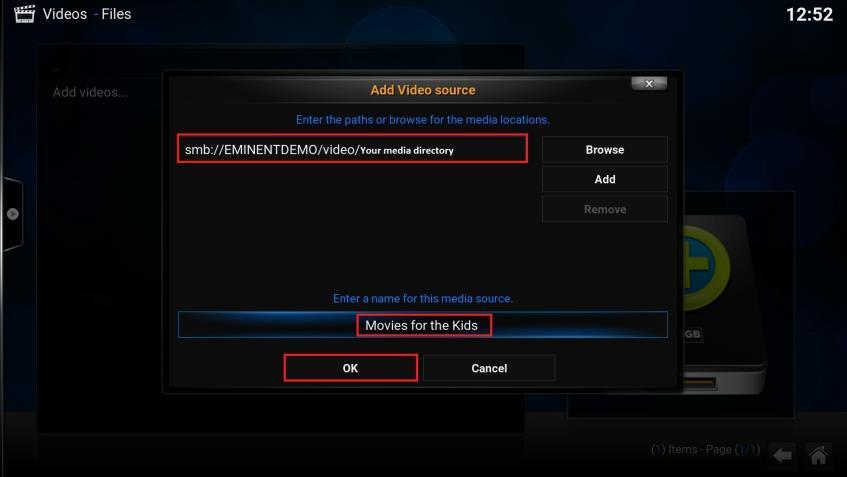 8. Select the video directory you wish to add and press the OK button. The following screen appears: 17 ENGLISH 9.