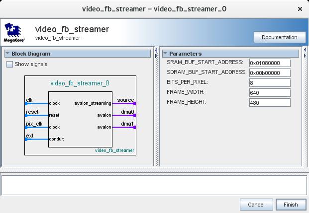 Figure 5: Configuration for video fb streamer Figure 6: Configuration for video rgb resampler DRAM_ADDR : out std_logic_vector (11 downto 0); DRAM_BA_0 : out std_logic;