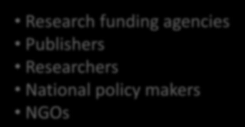 Stakeholders Research funding agencies Publishers Researchers National policy makers NGOs National mandates?