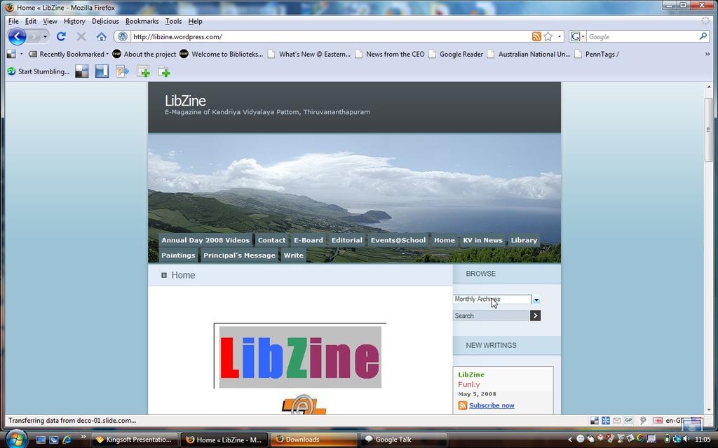6.3 LibZine : the E-magazine LibZine home page The library launched an E-magazine in January 2008; to foster the creative talents of the students and staff of the Vidyalaya.