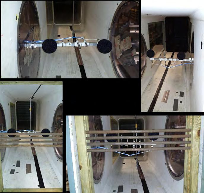 Figure 2. Microphones shown mounted in the wind tunnel in the head- on (left) and parallel (right) orientation, with (lower) and without (upper) the turbulence generator.