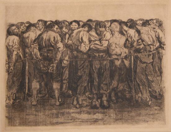 slika 21. Käthe Kollwitz, ujetniki, jedkanica, 1921 Grafično in umetniško izražanje v tem času predstavlja neposredno povezavo z umetnikovim rokopisom, njegovim stanjem duha in emocijami.