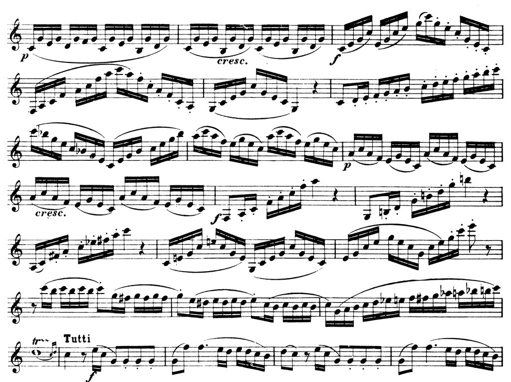 Mozart Concerto in A, K. 622 (Mvt. I Allegro, end of recapitulation) My preferred tempo is around quarter note = 114-126, but you should play this at a tempo that is comfortable for you.