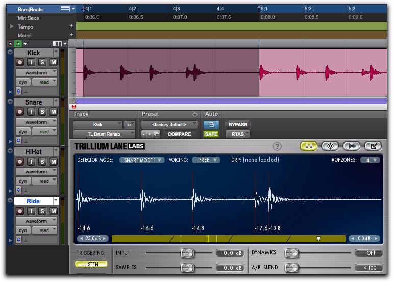 5 Start playback in Pro Tools. As Pro Tools plays back, TL Drum Rehab listens to the track, and analyzes the audio for attack transients and marks those sample locations with triggers.