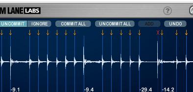 need to compensate for the delay inherent in non-close miked recordings (such as overs for the cymbals). Committed triggers are indicated by a red arrow.