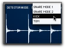 Detector Mode Use the Detector Mode pop-up menu to select the algorithm for trigger detection. TL Drum Rehab provides four detection algorithms: Snare Mode 1, Snare Mode 2, Kick, and Tom.