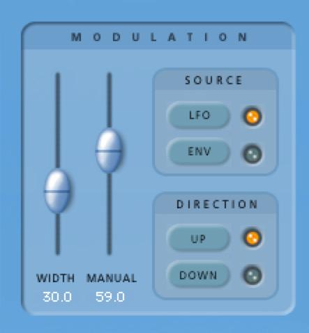 Modulation Section LFO Section Modulation section Width The Width slider determines the amplitude of the modulation sweep. This is displayed graphically in the modulation meter.