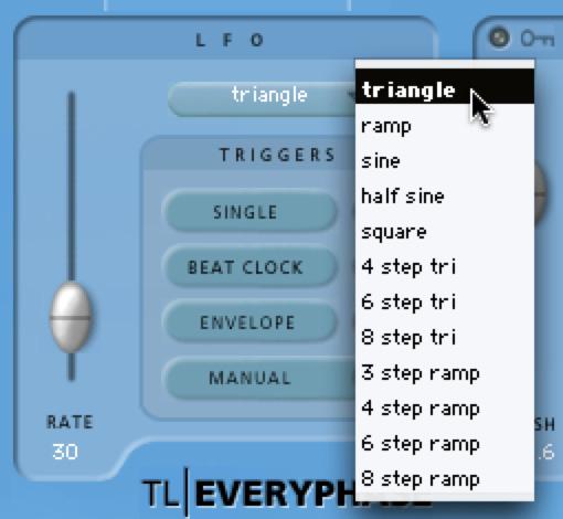Waveform Selecting the LFO Waveform The Waveform selector (Triangle, Ramp, Sine, etc.) determines the wave shape used by the LFO.