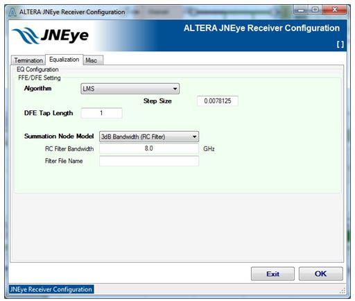 2-54 Receiver Options Equalization tab For Arria 10 GX/SX/GT, Stratix V GX, and Arria V GZ devices, the DFE model is embedded in the JNEye and is not configurable.