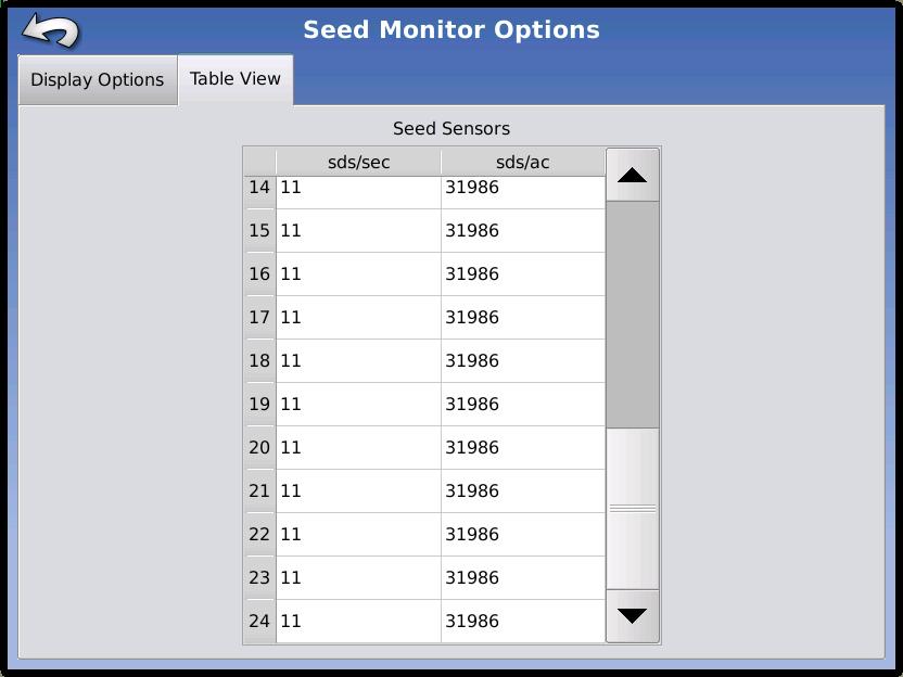 Seed Monitor Options screen The Seed Monitor Options screen adjust Seed Tube Monitor Module alarm thresholds.