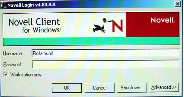 In Windows you will see a Novell login screen. If you do not have a Novell account, click the Workstation only box. The username Rollaround will be entered automatically. Then click OK.