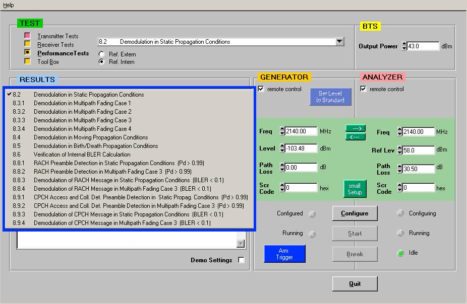 Graphical User Interface GUI of program 3G_FSMU_NodeB: Fig. 8_2: GUI for all Performance tests, and a test list.