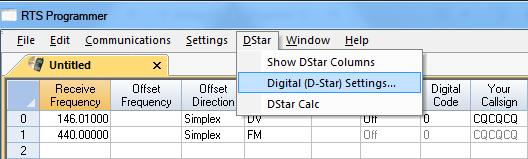 Memory Channel D-Star Settings Polarity Skip Digital Mode Digital Digital Code Your CallSign Rpt-1 CallSign Rpt-2 CallSign Bank D-Star Settings Set My Callsign to your FCC issued callsign.