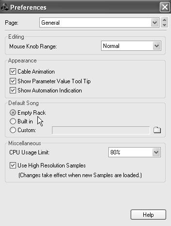 Reason Overview Figure 3.27 Change the Preferences to get rid of the Tutorial Song.