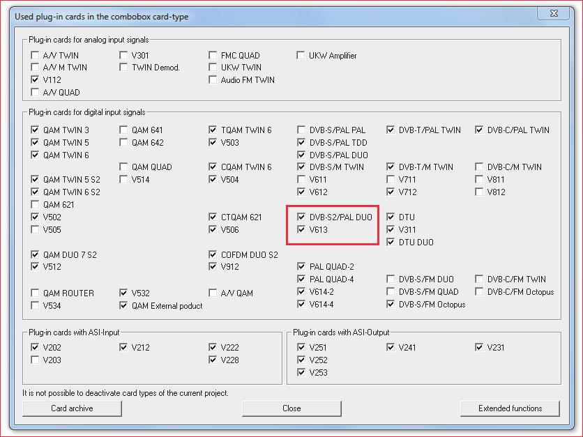 Figure 7: Activating the plug-in card on the Card types used screen. The checkbox assigned to the card must be marked with a tick (see above).