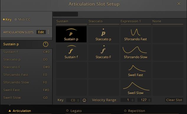 Configuring BRASS SOLO The Articulation Slot Setup View You can now freely configure Articulation assignments. Articulation Slot Setup View 4.1.