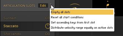 Configuring BRASS ENSEMBLE Using Macros for Automatic Assignments (MIDI CCs) 7. In the top right corner of the ARTICULATION SLOTS list, click the three vertical dots.