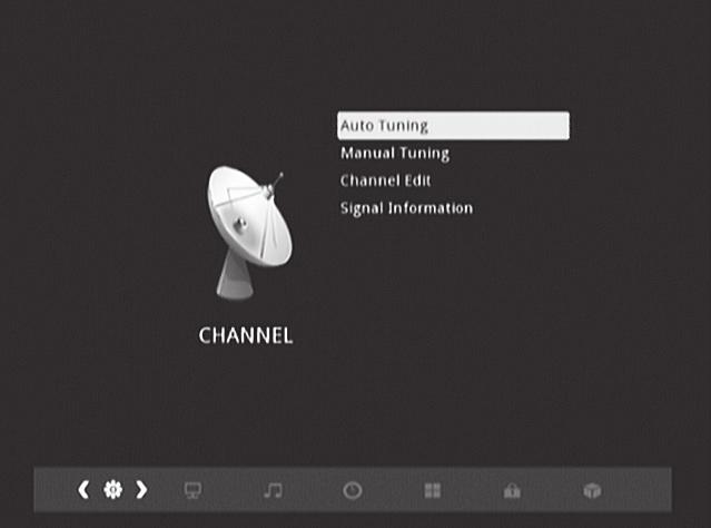 To open the Setup menu: Press MENU. The Channel menu will be displayed with the Auto Tuning option highlighted.