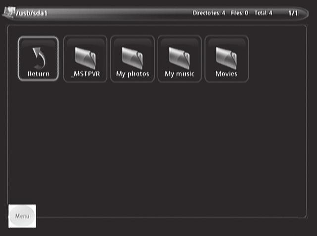 Selecting music, movie or photo files to play: If you selected music, movies or photos, a file browser will display the folders and files on the USB drive.