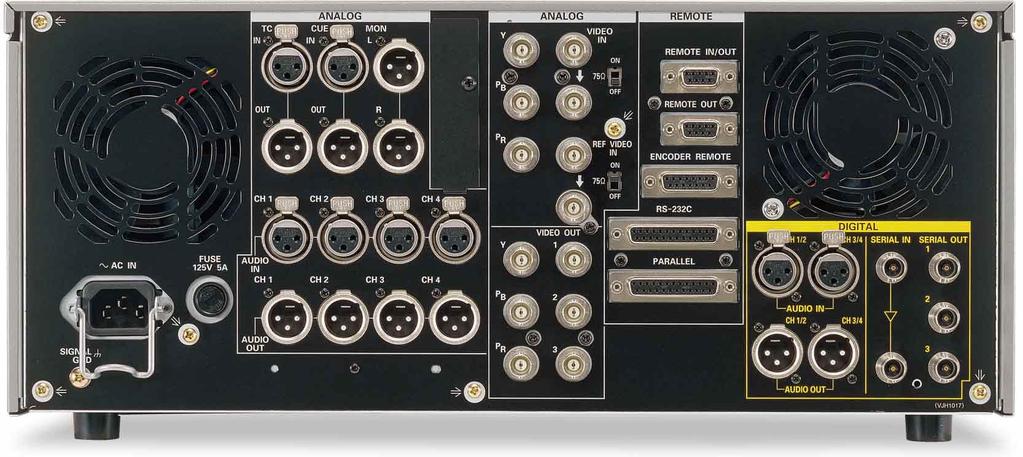 The AJ-D950A outputs data at 50 Mbps when playing back a tape recorded in the DVCPRO50 format, and at 25 Mbps when playing a DVCPRO tape. The recording mode is selected manually.