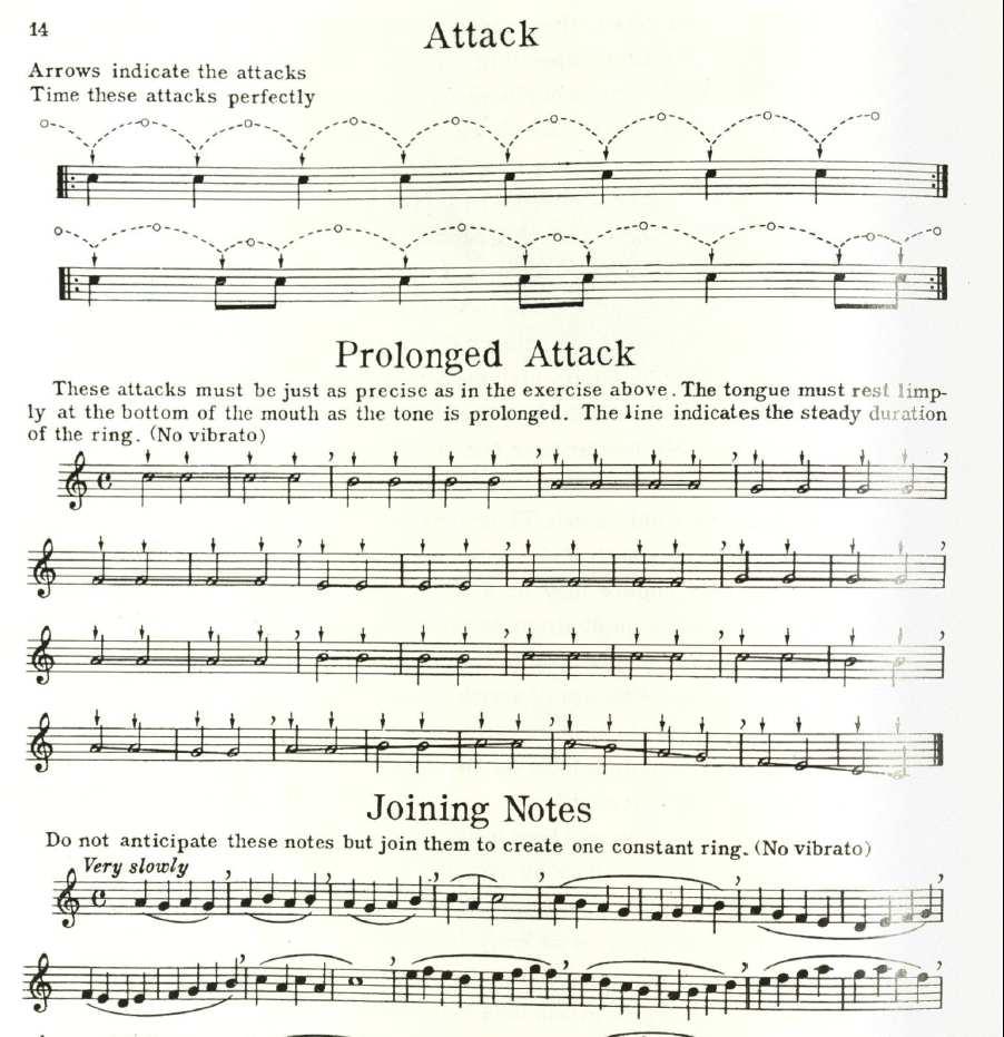Three short exercises for practicing attacks are provided in the Lindeman Method. The first deals with attacks of quarter and eighth notes. The second addresses attacks of half notes.