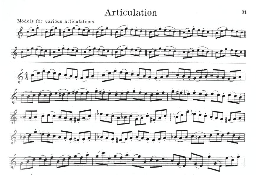 Lindeman wrote three articulation exercises featuring various slurring and tonguing patterns in the method book.