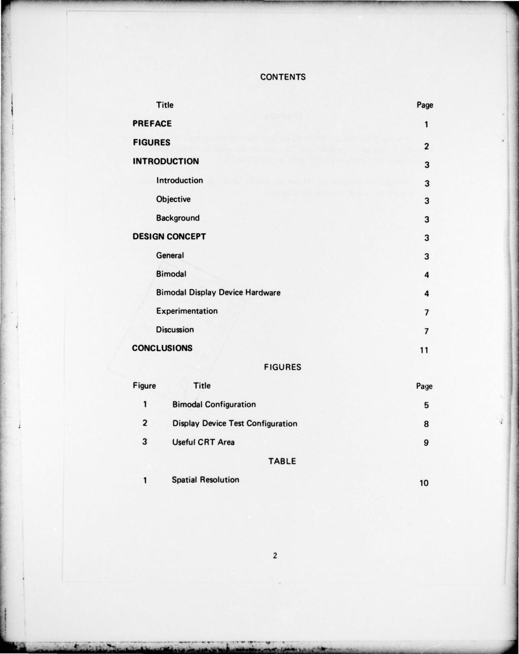 CONTENTS Title Page PREFACE 1 FIGURES INTRODUCTION Introduction 2 3 3 Objective 3 Background 3 DESIGN CONCEPT 3 1 General 3 Bimodal 4 Bimodal Display Device Hardware 4