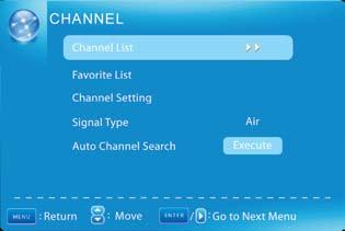 USING CHANNEL MENU In the CHANNEL Menu you will find access to your Channel List and Favorite List.