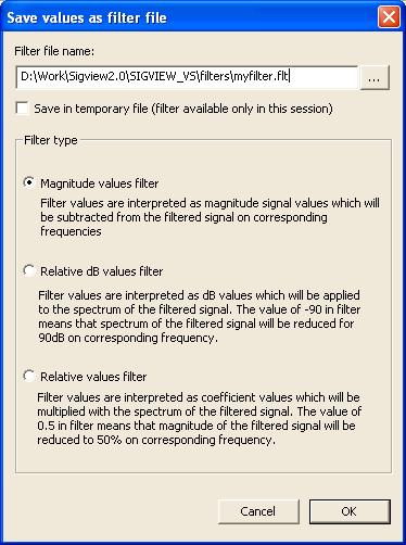 84 5. Signal analysis all frequencies ( f i-1, f i ] Creating custom filter curves from SIGVIEW You can save any signal or analysis result from SIGVIEW as filter curve.