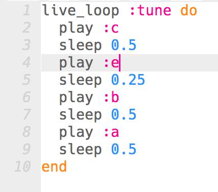 Press play and hear what happens The live_lopp function that Sonic Pi uses allows you to change the code and click Play again without stopping the current song.