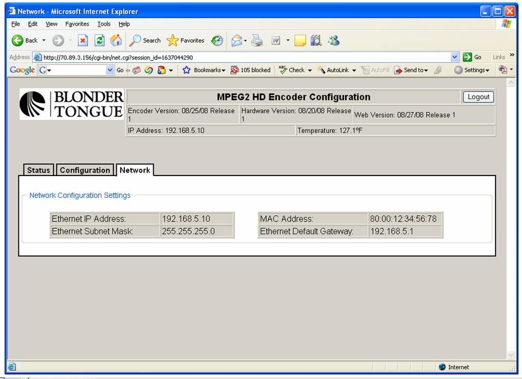 Remote Configuration - Network Screen