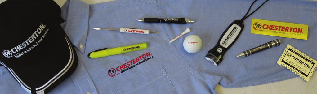 PROMOTIONAL ITEMS PROMOTIONAL ITEMS The Chesterton logo is well suited for use on various promotional items such as shirts, hats, pens, and jackets that are frequently used as giveaways to customers.
