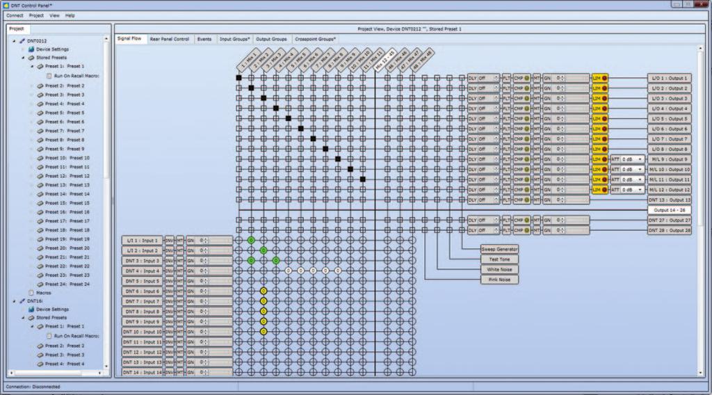 Matrix mixes assigned to output channels Settings and changes take effect immediately, since the control panels are connected to the processors in real time.